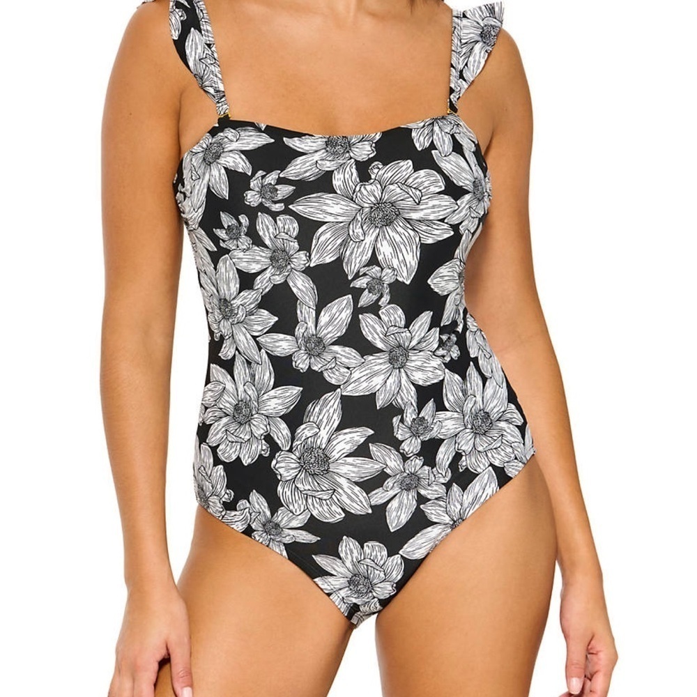 Crown & Ivy NWT Floral Black and White Ruffle Strap One Piece Small Swimsuit